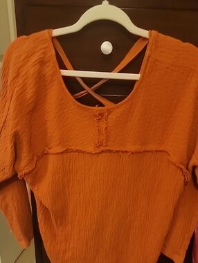 Women's Rust Orange Textured Long Sleeve Top with Back Strap Detail